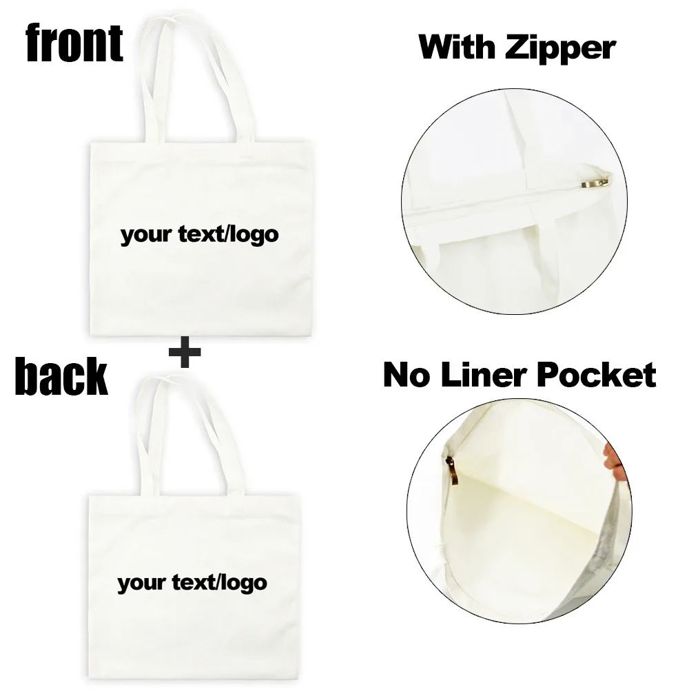 sacs en toile réutilisables pour femmes, sacoches personnalisées avec fermeture éclair, fourre-tout de shopping, à la mode, noir, blanc, beige