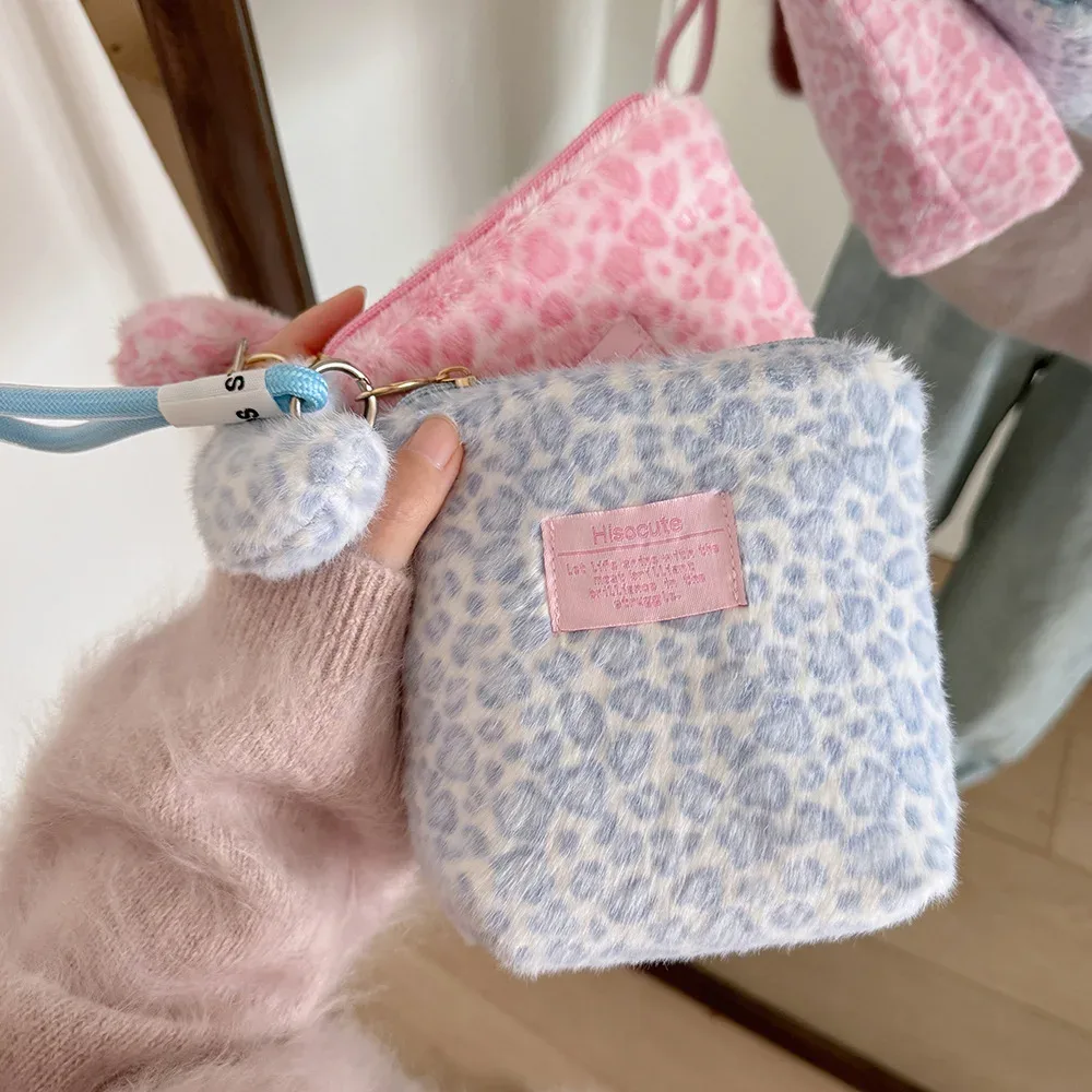 nouvelle trousse de maquillage vintage en peluche imprimé léopard pour filles, organisateur portable de soins de la peau, petite trousse de toilette pour étudiantes, pochette femme