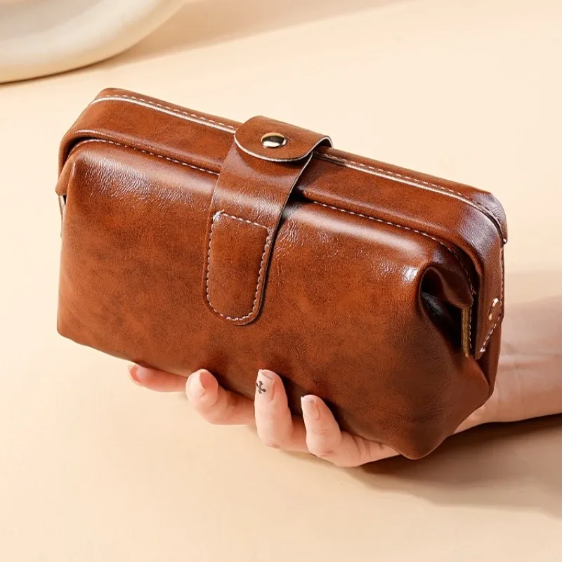 sac à cosmétiques en cuir pu pour femmes, grande capacité, étanche, trousse de maquillage vintage, couleur unie, sac de rangement pour cosmétiques, porte-monnaie