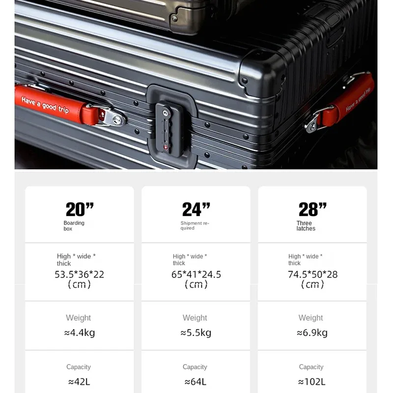nouveau bagage tout en alliage de magnésium 100% valise à main de grande capacité de 28 pouces taille de cabine de 20 pouces avec verrouillage par mot de passe