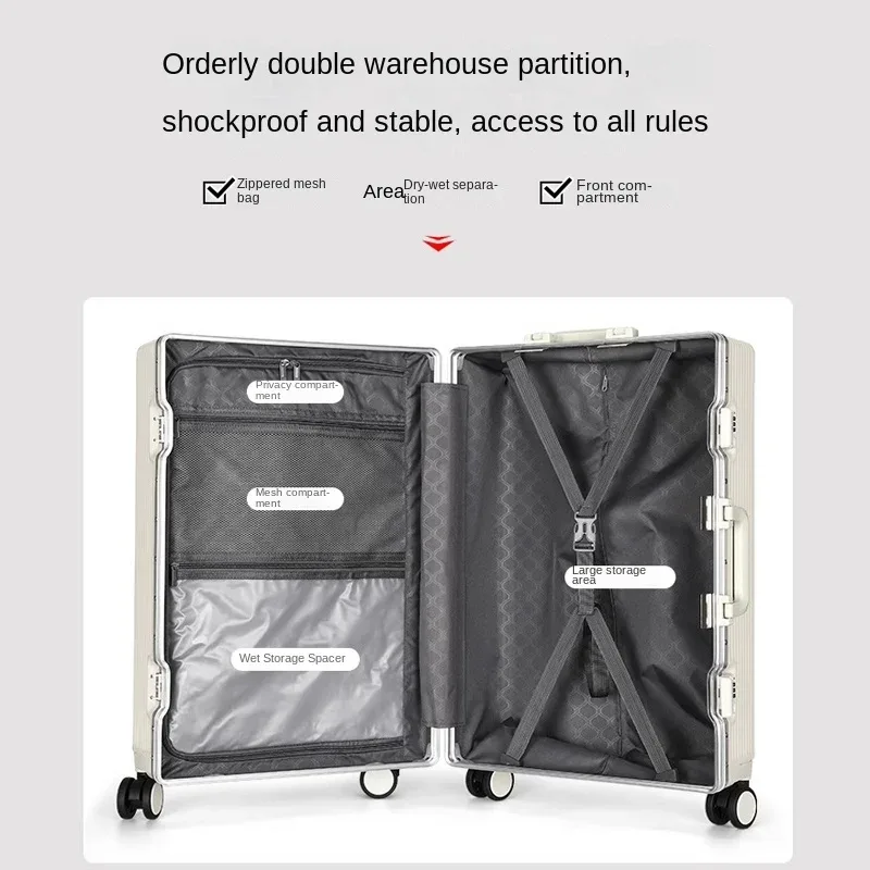 valise à cadre en aluminium grande capacité, valise à roulettes en pc épaissi, robuste et durable, bagage cabine à code, 20/22/24/26/28 pouces