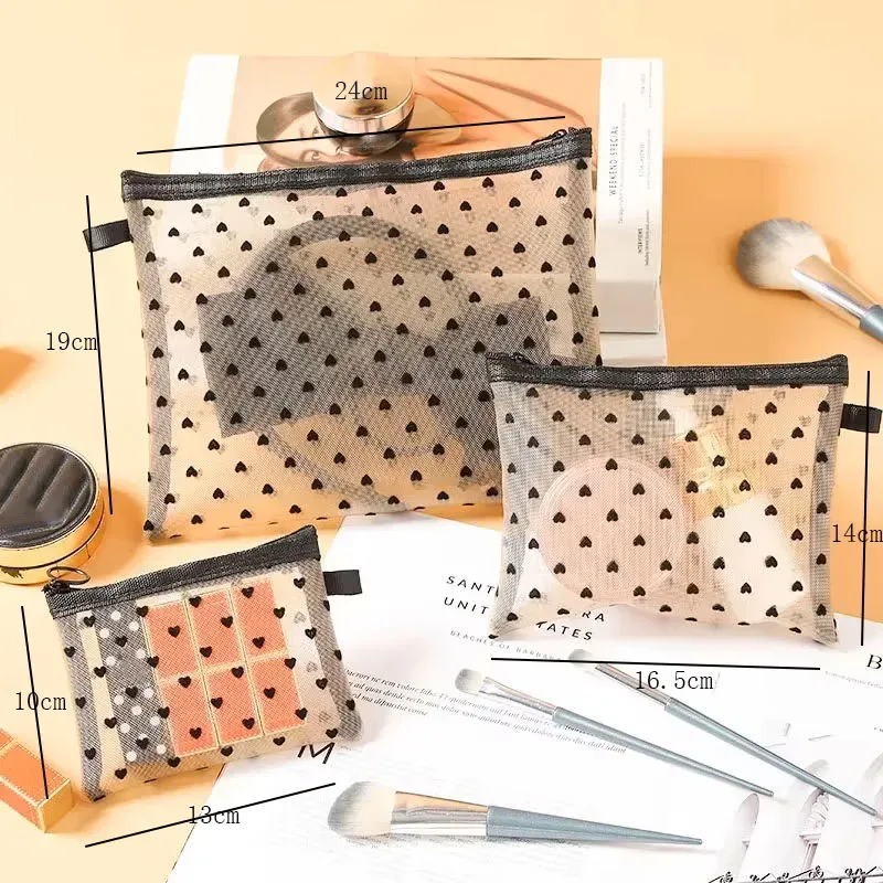 1 pièces sac de maquillage transparent pour femmes fille voyage stockage sac de lavage maquillage organisateur étui pochette amour coeur maille sac cosmétique