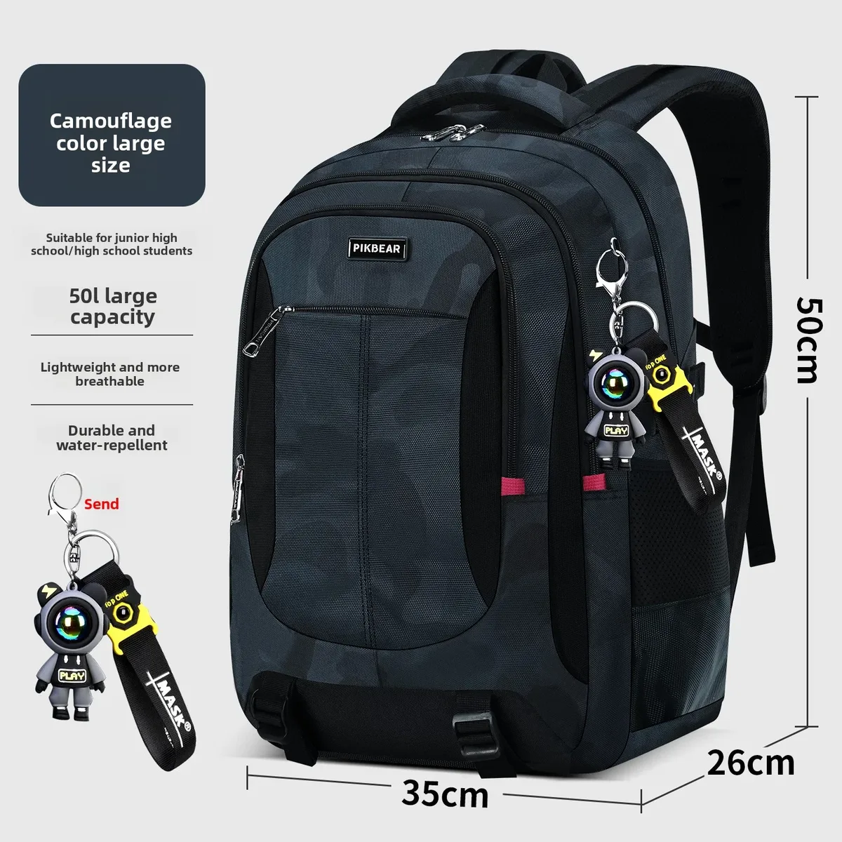 sac à dos camouflage avec pendentif astronaute pour hommes, sac à dos pour ordinateur portable, sacs à dos primaires pour adolescents, sacs d'école orthopédiques pour étudiants