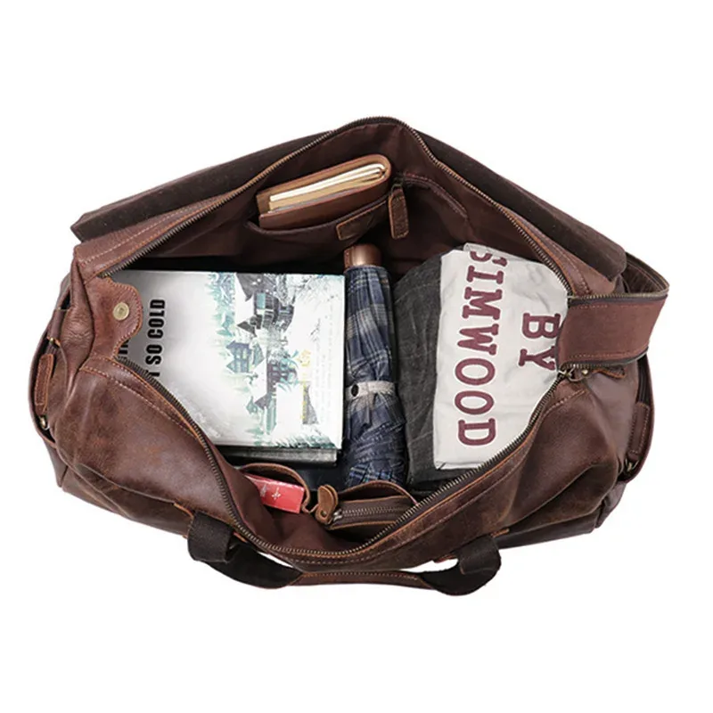 sac de voyage à main en cuir givré pour hommes, pour l'extérieur, courte distance, couche supérieure rétro en cuir de vache, sac à bandoulière pliable de grande capacité