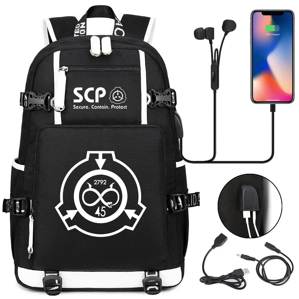 sac à dos scp foundation cartable noir, sacs d'école de dessin animé pour enfants adolescents, sac à dos de voyage scp, sacs initiés par ordinateur portable usb