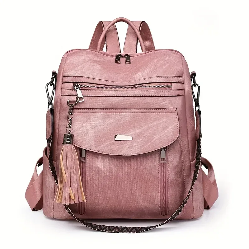 sac dos polyester unisexe rose bleu beige noir décontracté grande capacité poche intérieure fendue bandoulière arquée fermeture éclair souple imperméable