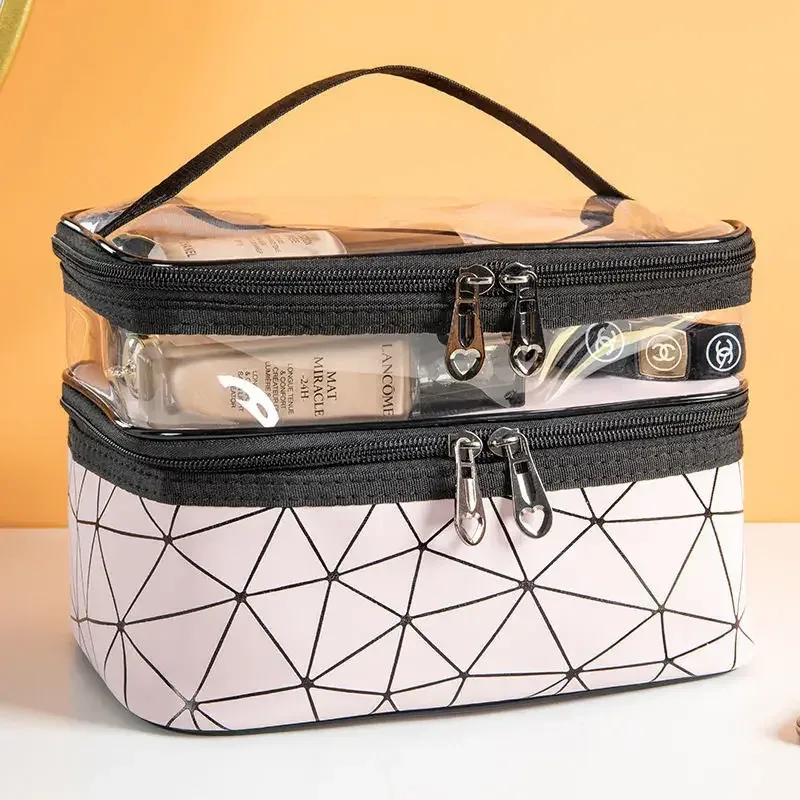 sac de maquillage portable double couche grande capacité, trousse de toilette étanche de voyage, pochette de rangement portable pour cosmétiques