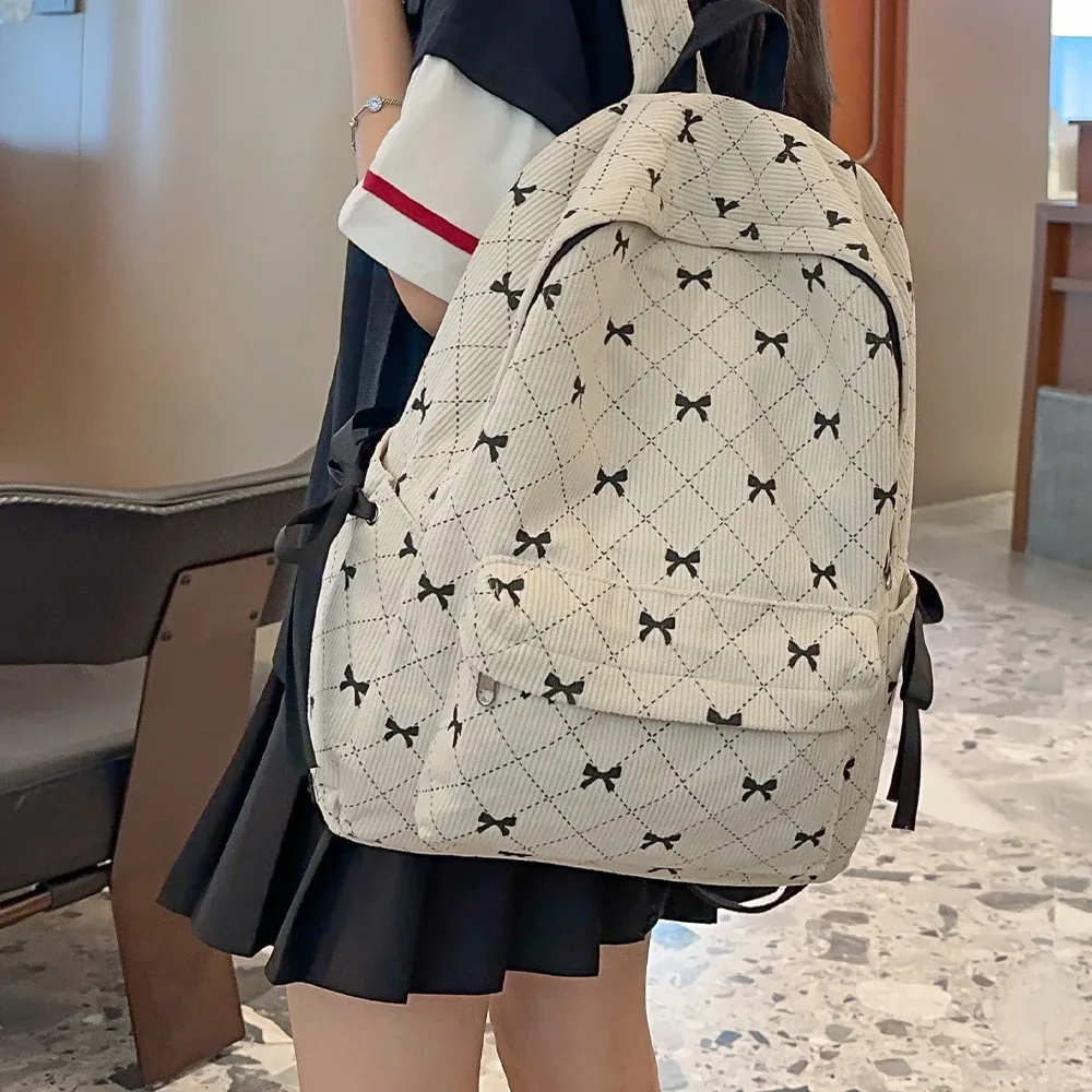 sac à dos à nœud en velours côtelé pour étudiantes, sac à dos polyvalent pour lycéennes et collégiennes