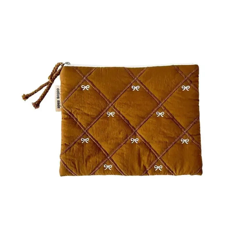 pochette à cosmétiques matelassée avec nœud brodé, grande capacité, sac à papeterie multifonctionnel, trousse à stylos