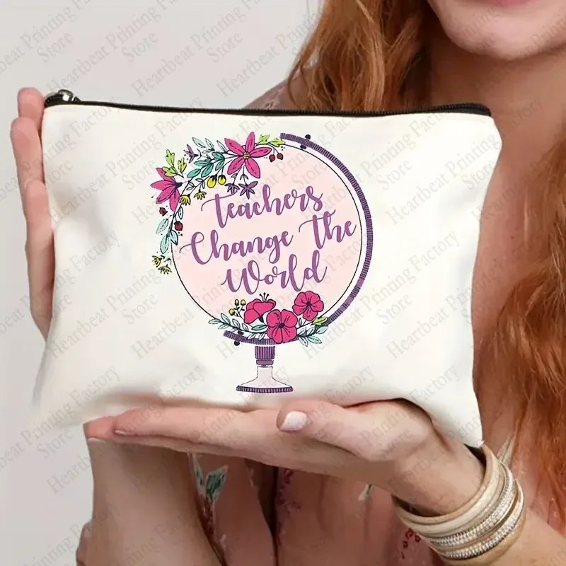 teacher change the world print sacs à cosmétiques trousse de toilette cadeau de remise des diplômes pour les enseignants trousse à crayons de retour à l'école pour enseignant