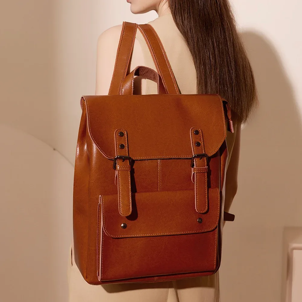 nouveau sac à dos antivol en cuir véritable, durable, grande capacité, sac à dos vintage pour ordinateur portable pour femmes, 14 pouces, en cuir de vache, pour l'école et le collège