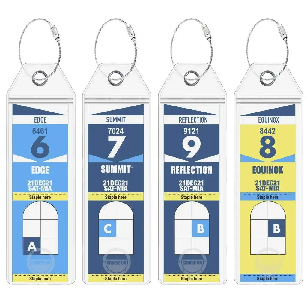 porte-étiquette de bagage de croisière en plastique pvc épais, joint à fermeture éclair étanche avec boucles en acier inoxydable pour voyage de croisière royal des caraïbes