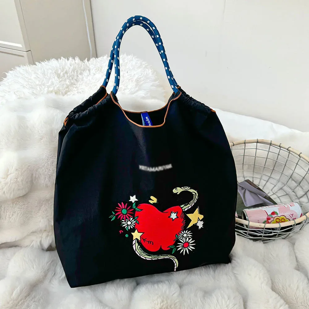 sac de shopping brodé pour femmes, avec chaîne à billes, grande capacité, en nylon écologique, sac à main, sac à bandoulière, sac porté en travers du corps.