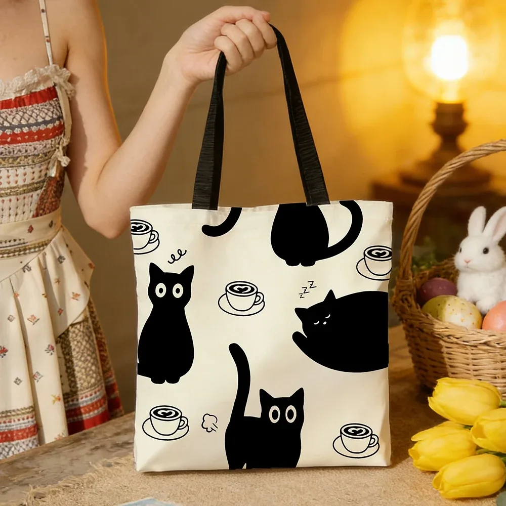 sac fourre-tout en toile motif chat noir et café – imprimé chaton mignon et ludique avec motifs latte et grains de café, sac à bandoulière bohème écologique