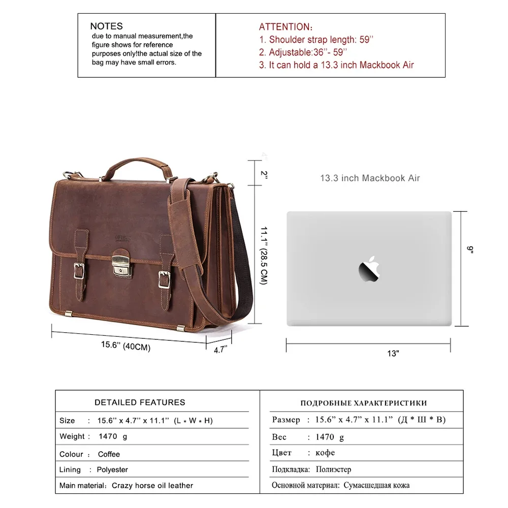 porte documents cuir vrai crazy horse marron foncé accents dorés compartiments poignées robustes sac main bandoulière voyage bureau