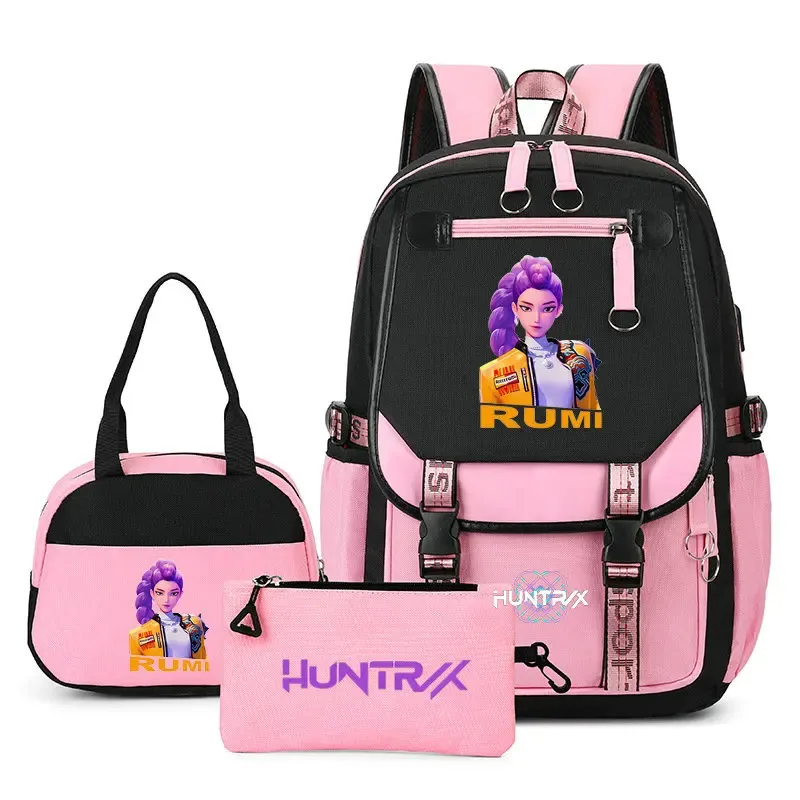 sac à dos kpop demon hunter pour adolescents, cartable de grande capacité, 3 pièces/ensemble avec sac à lunch pour femmes, étudiants, décontracté, confortable, pour voyage, mochilas