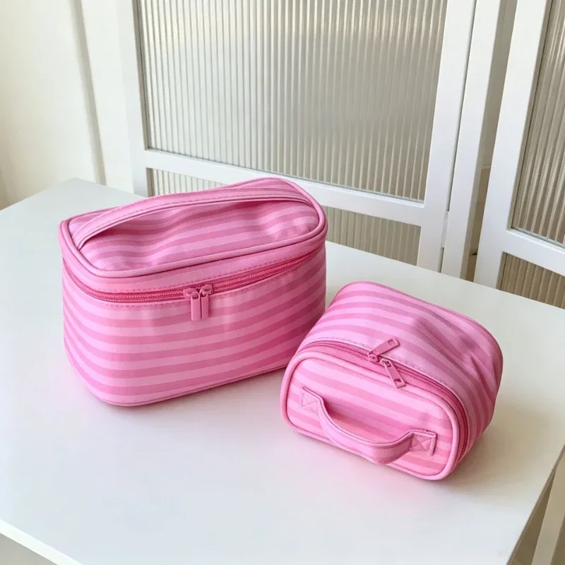 grande trousse de toilette de voyage pour femmes, organiseur de cosmétiques, étui de rangement, sac à main rose rayé tendance, sac à cosmétiques pour femmes