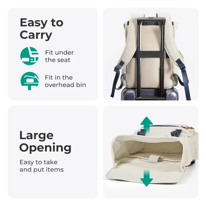 sac dos polyester beige accents bleus grande ouverture poches élastiques rembourré voyage unisexe collège université ordinateur portable