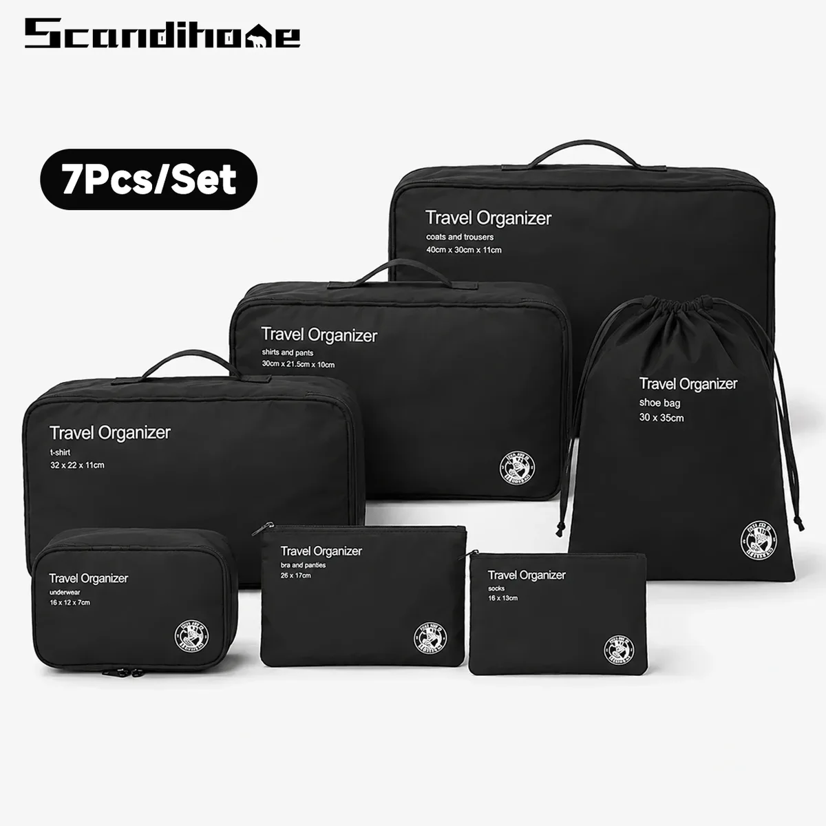 organisateur voyage sac rangement nylon noir géométrique seven pièces usage transport vêtements accessoires compression