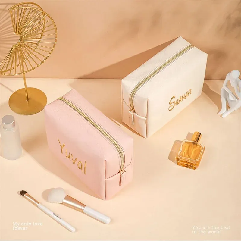 trousse de maquillage de voyage personnalisée avec nom brodé, sac cosmétique portable, pochette de rangement étanche, étuis à cosmétiques pour femmes