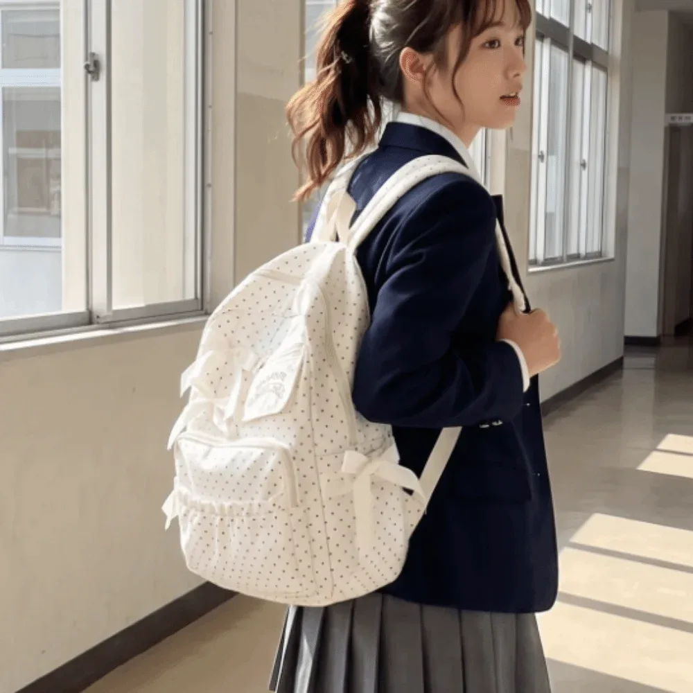 sac à dos en nylon à pois avec nœud, grande capacité, fermeture éclair, sac d'école multi-compartiments, doublure en polyester, sac à dos de voyage pour l'extérieur