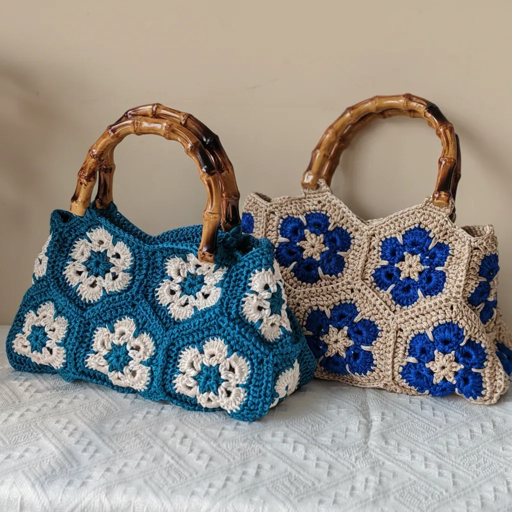 sac fourre-tout carré granny en crochet fait à la main avec poignée de style bambou, sac à bandoulière à motif de fleurs tissées vintage pour femmes