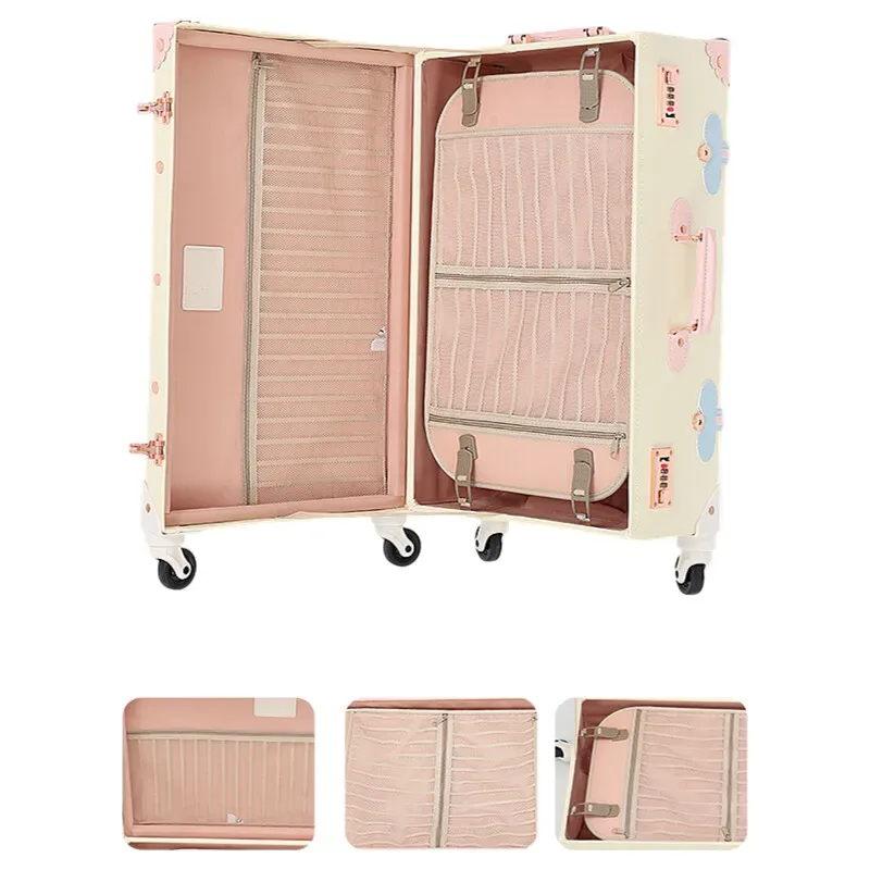 valise design rétro beige accents roses bleus motifs floraux poignée supérieure roulettes plastique dur voyage