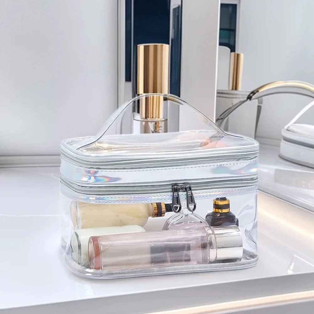 sac de maquillage transparent portable, sac à cosmétiques double couche en pvc, sac de toilette étanche de grande capacité, pochette de rangement de voyage transparente