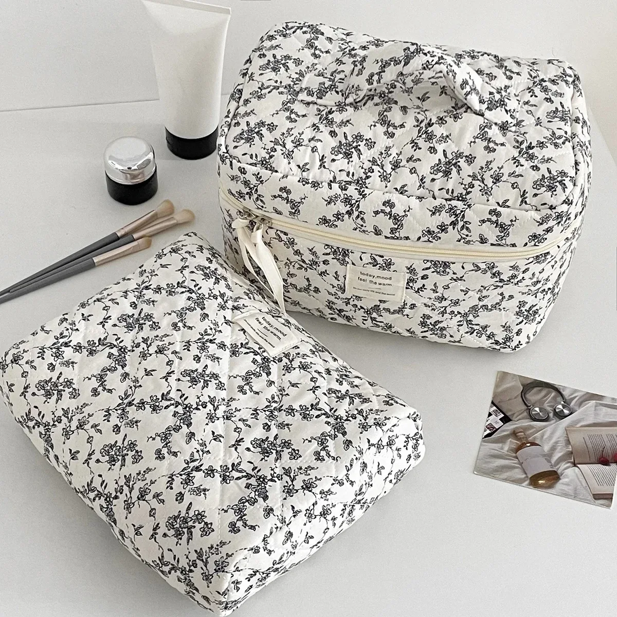 sac à cosmétiques en coton à fleurs noires pour femmes, 1 pièce, sacs de rangement en tissu, petite pochette de voyage de grande capacité, étui de maquillage pour femmes