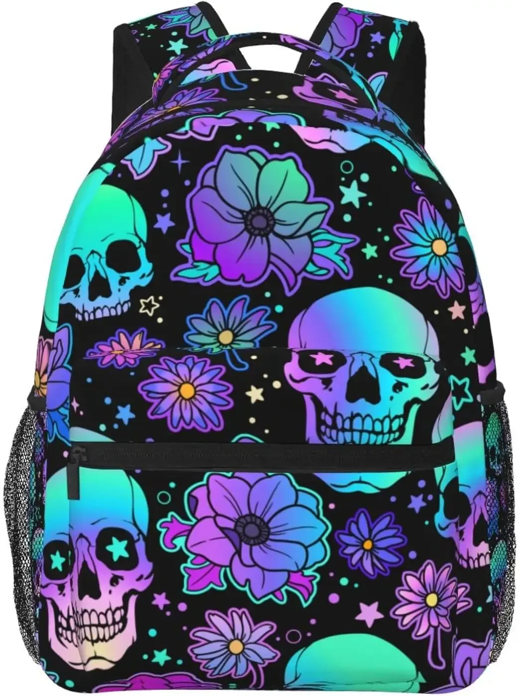 sac à dos à motif de crânes humains et de fleurs lumineuses, sac à dos décontracté pour ordinateur portable, sac à dos pour le travail, poches