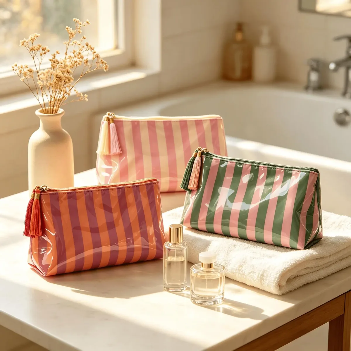 trousse de maquillage grande capacité avec pendentif pompon, sac de rangement pour articles de toilette, sac de voyage, cadeau pour femme et fille, utilisation au bureau et à la maison