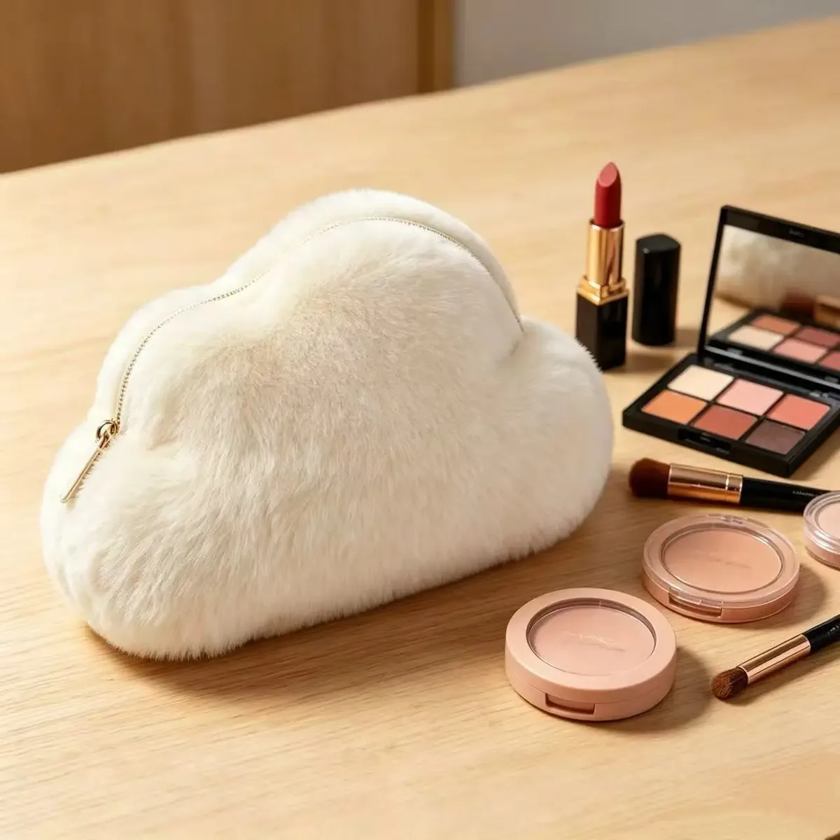 Joli sac de maquillage en peluche en forme de nuage, sac de rangement cosmétique en peluche douce, sac de rangement de voyage avec fermeture éclair pour produits de beauté