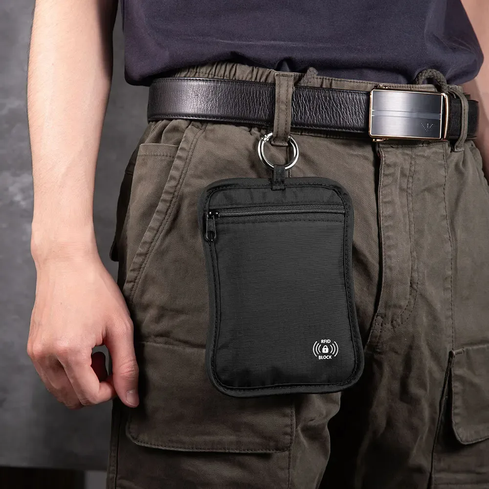 Porte-monnaie portable en nylon anti-RFID avec crochet, sac de rangement pour documents, porte-passeport de voyage unisexe résistant à l'usure