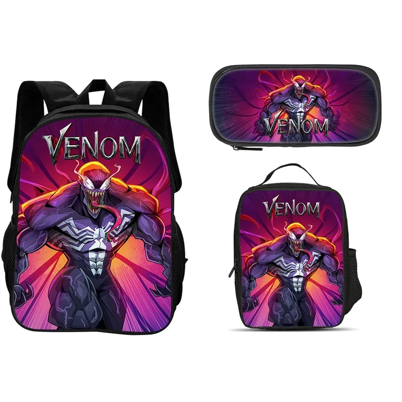 ensemble de 3 pièces du film venom : sac à dos + sac à lunch + trousse à crayons, papeterie de voyage à la mode, cadeau pour enfants, école, polyvalent