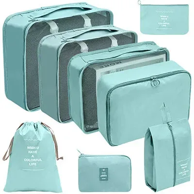 organisateur voyage polyester beige clair tissu imperméable poches maille transparente fermetures glissière poignées intégrées grande taille