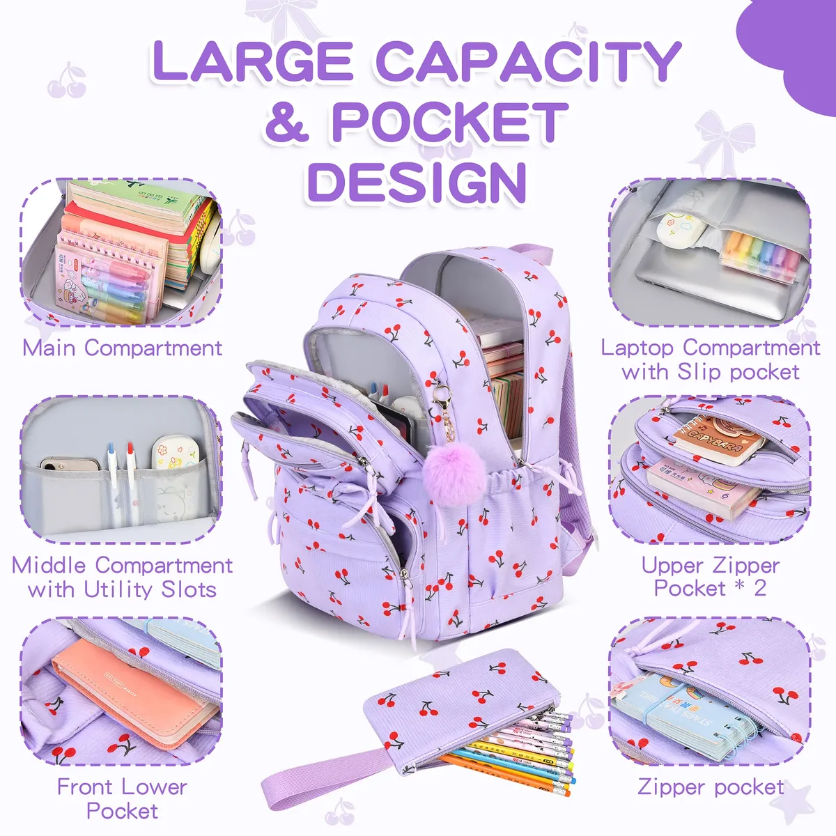 sac à dos d'école pour filles, motif cerise, sac à dos en velours côtelé pour écolière primaire, sac à livres pour enfants, sac à déjeuner, trousse à crayons, 3 pièces/ensemble