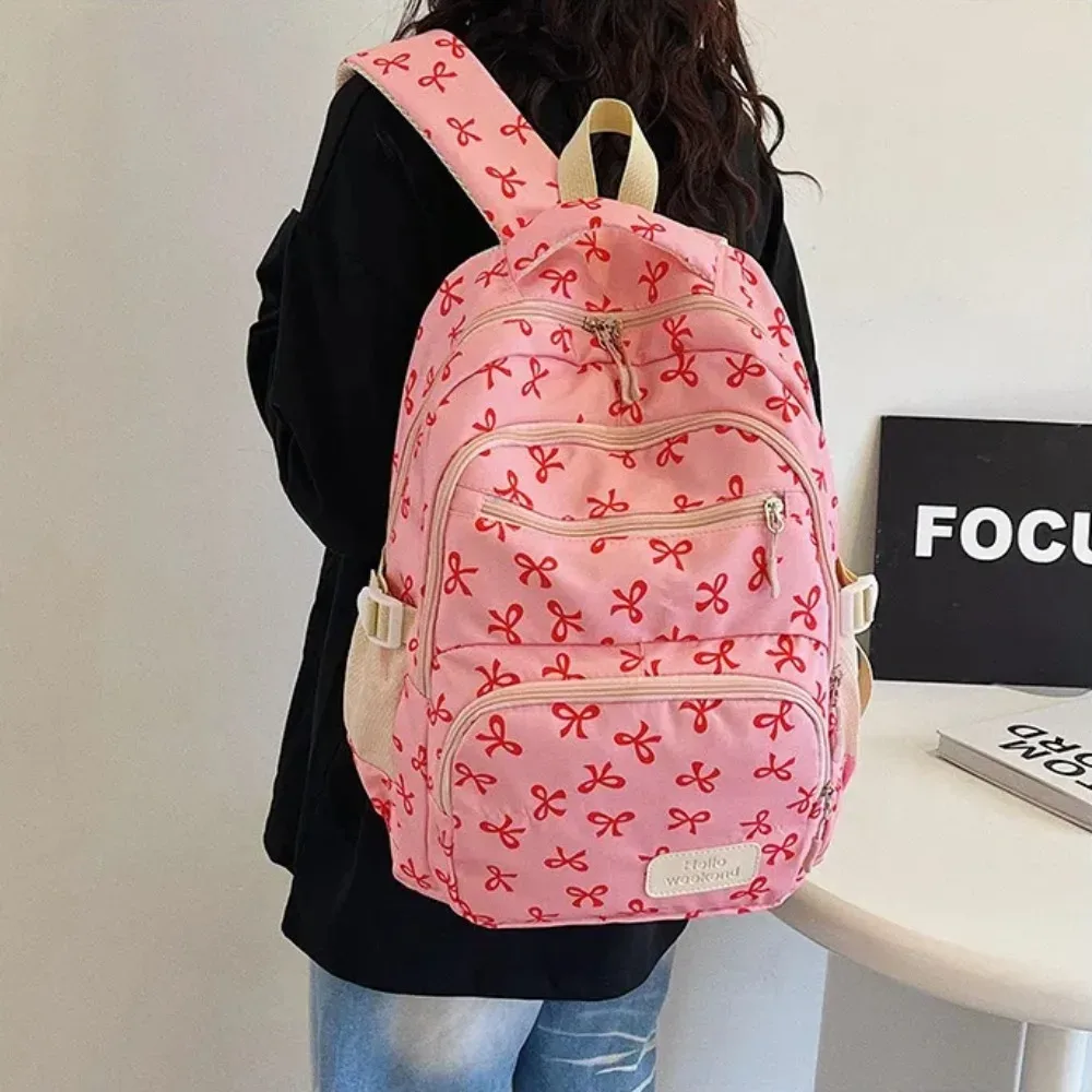 Lot de 3 sacs à dos mignons grande capacité avec nœud, en nylon, à bretelles réglables, pour étudiants, imprimé nœud, sac à dos de voyage