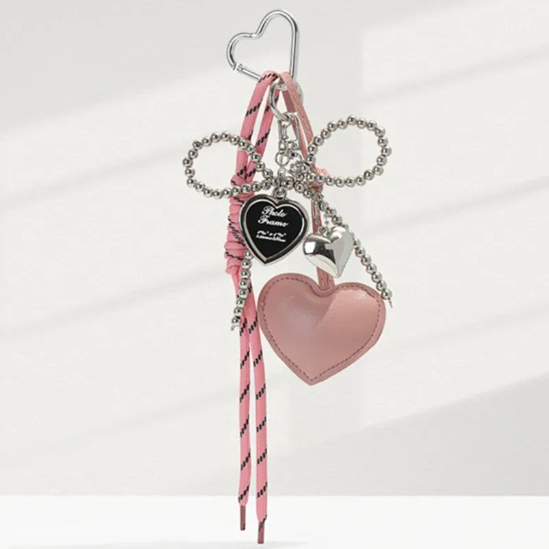 porte-clés en cuir brillant avec nœud en perles, breloque pour sac à dos coréen y2k, pendentif en forme de cœur d'amour, décoration de sac à main, cadeau