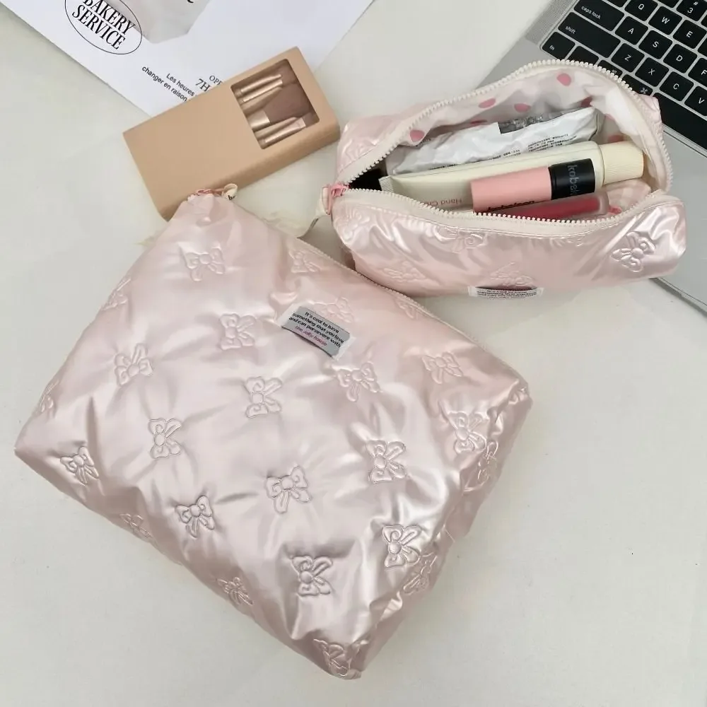 sac à cosmétiques en matériau pu, avec décoration en nœud, compartiment de rangement, trousse de toilette, sac à main multifonction à fermeture éclair, sac à maquillage, essentiel pour les voyages