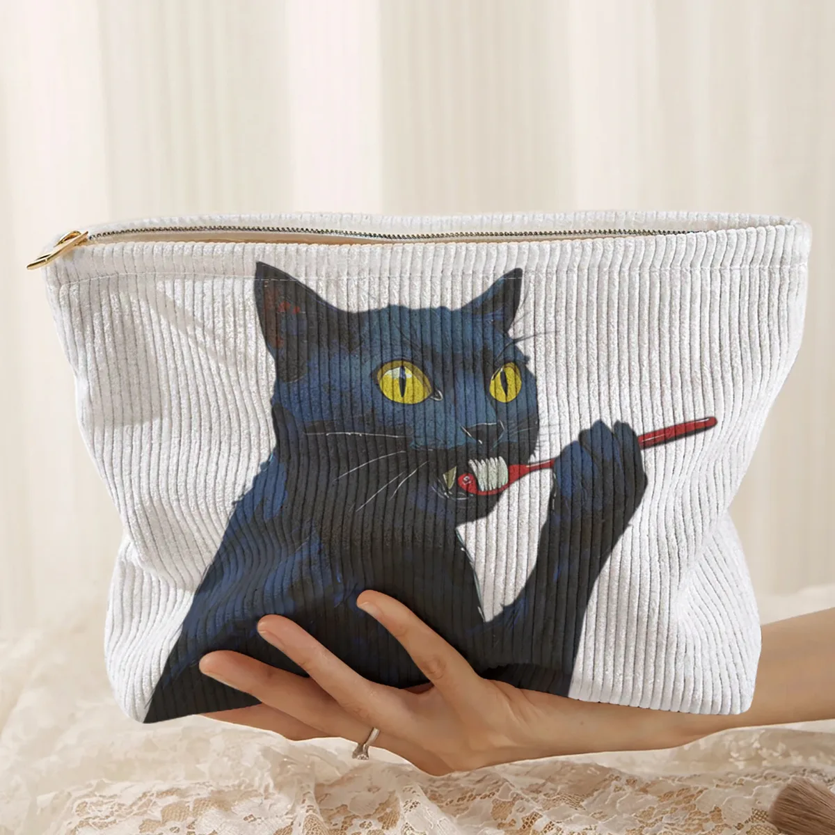 1 pièce, trousse de maquillage en velours côtelé à motif de chat noir, boîte de rangement légère à fermeture éclair, sac multifonctionnel avec doublure