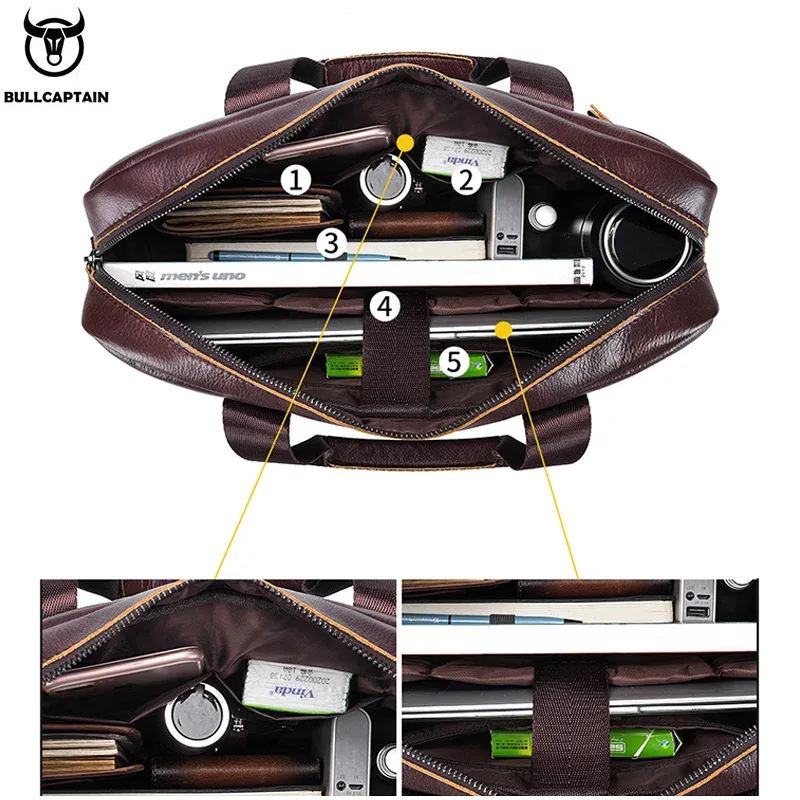 porte documents cuir véritable vache polyester style chinois poignée souple fermeture éclair 14 pouces marron