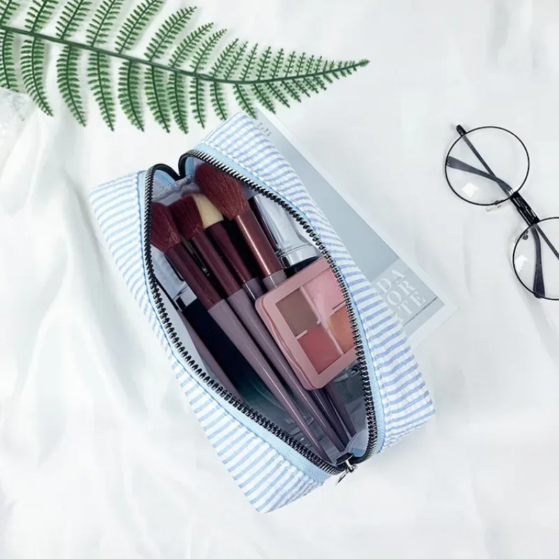 sacs à cosmétiques à volants pour femmes, sacs de rangement à rayures rose/violet, sacs de maquillage pour dames avec fermeture éclair, sac de voyage, trousse de maquillage