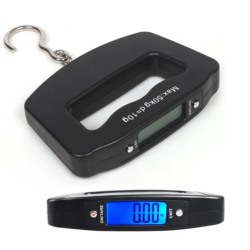 balance portable écran lcd plastique abs noire poids maximal 50kg crochet inoxydable usage voyage pêche grammes livraison express