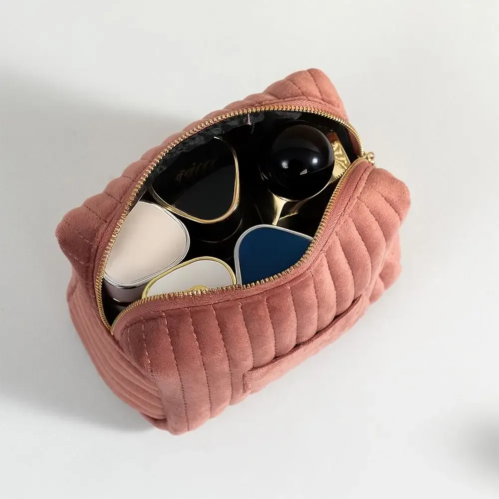 sac de maquillage en velours multi-usages, rayé, matelassé, au toucher doux, trousse de toilette grande capacité, sac cosmétique de voyage