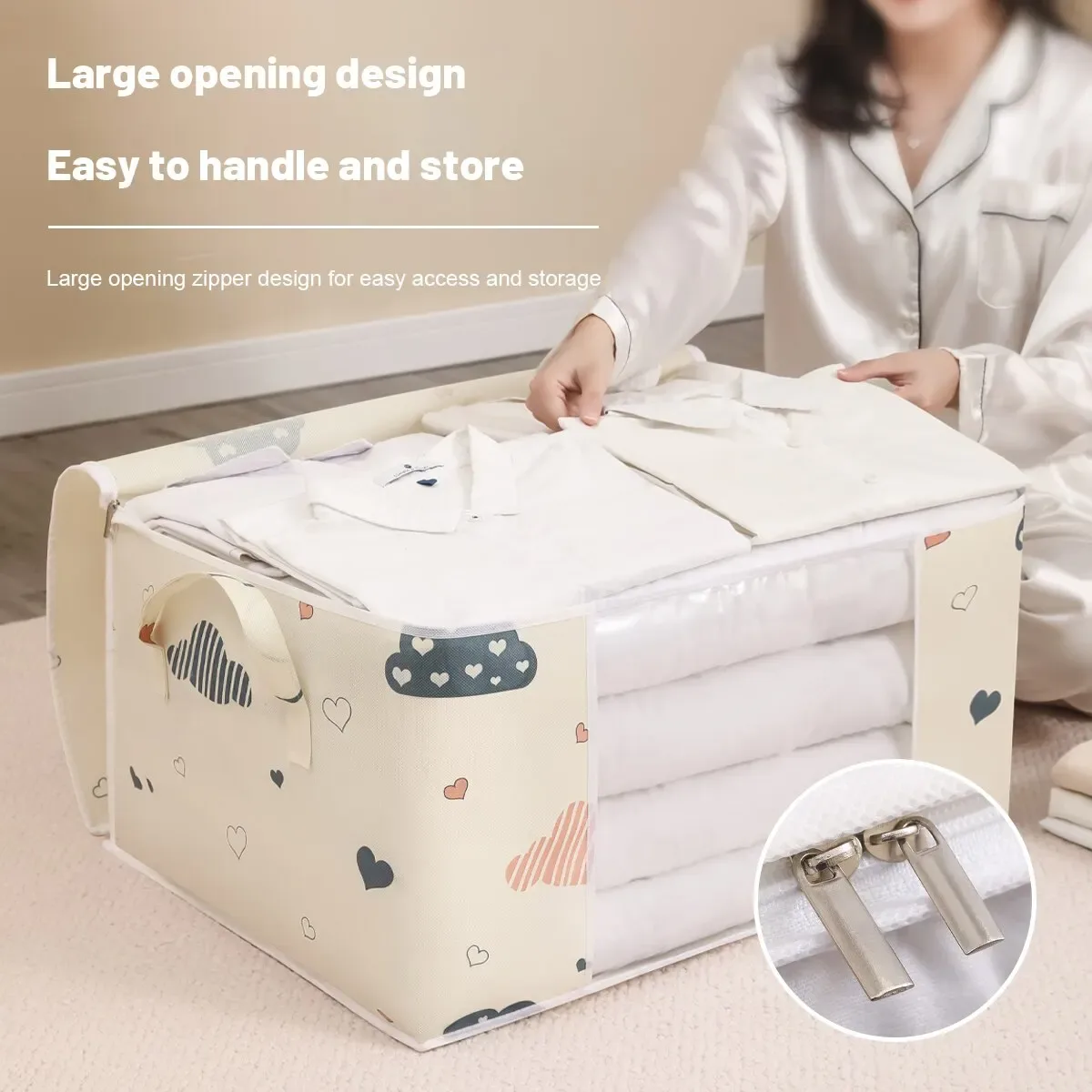 sac de rangement pour vêtements de grande capacité, évalué avec poignée renforcée, adapté aux couvertures, literie pliable avec fermeture éclair robuste