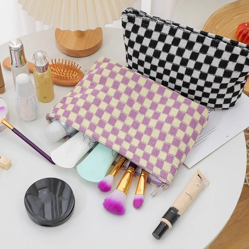 Trousse de maquillage à carreaux, trousse de toilette de voyage, organisateur de pinceaux de maquillage mignons, sac de rangement d'accessoires esthétiques pour femmes