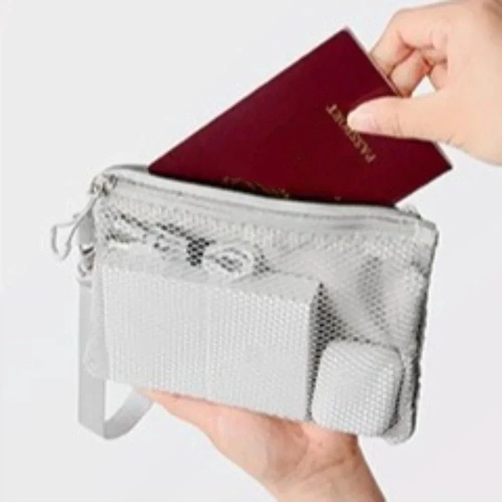 sac de rangement en maille légère avec fermeture éclair, sac à cosmétiques de couleur unie, pochette de maquillage multifonctionnelle en polyester, rangement de maquillage