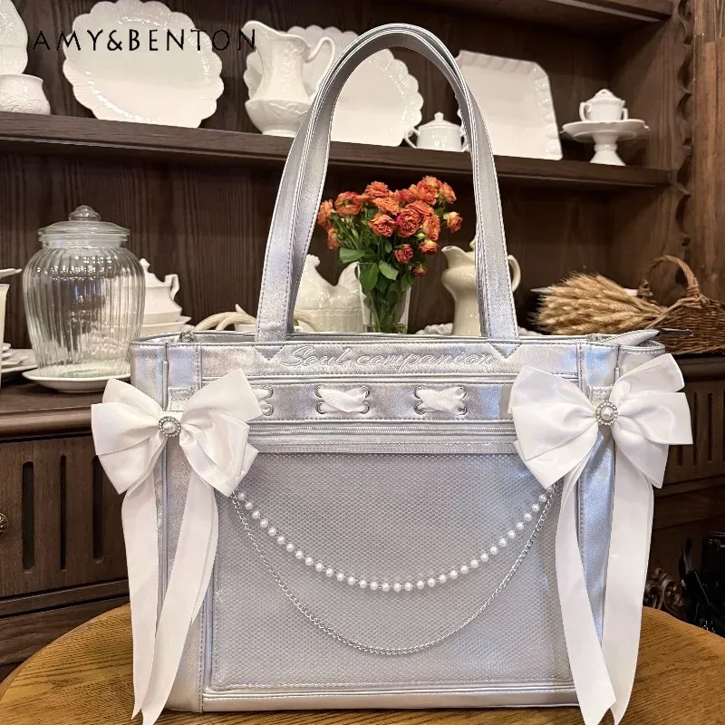 sac messager en cuir pu série sc mine, sac fourre-tout avec nœud en strass, ruban et pendentif perle, grande capacité, itabag bidimensionnel pour femme