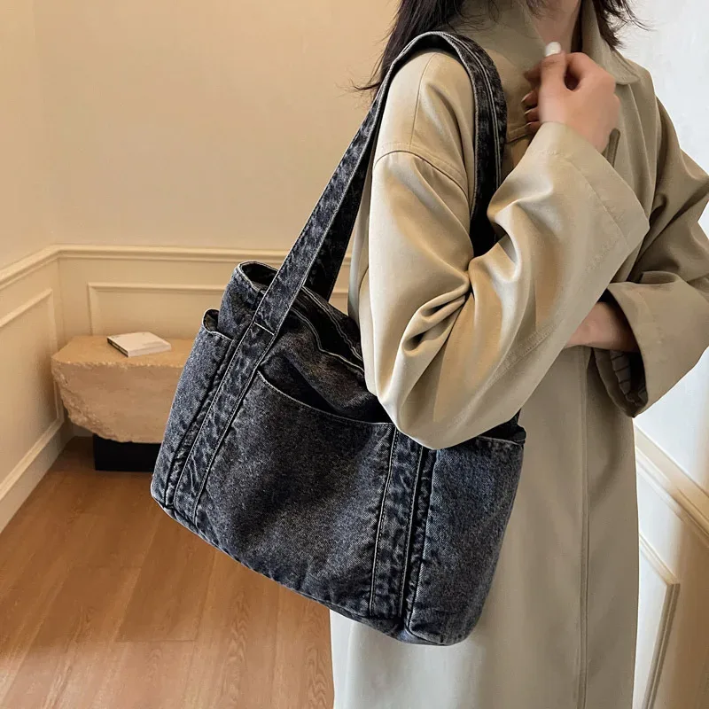 sac à bandoulière en denim pour femmes, sac de styliste pour mère, grande capacité, fourre-tout de luxe, sac à main en jean décontracté, sac à main multi-poches