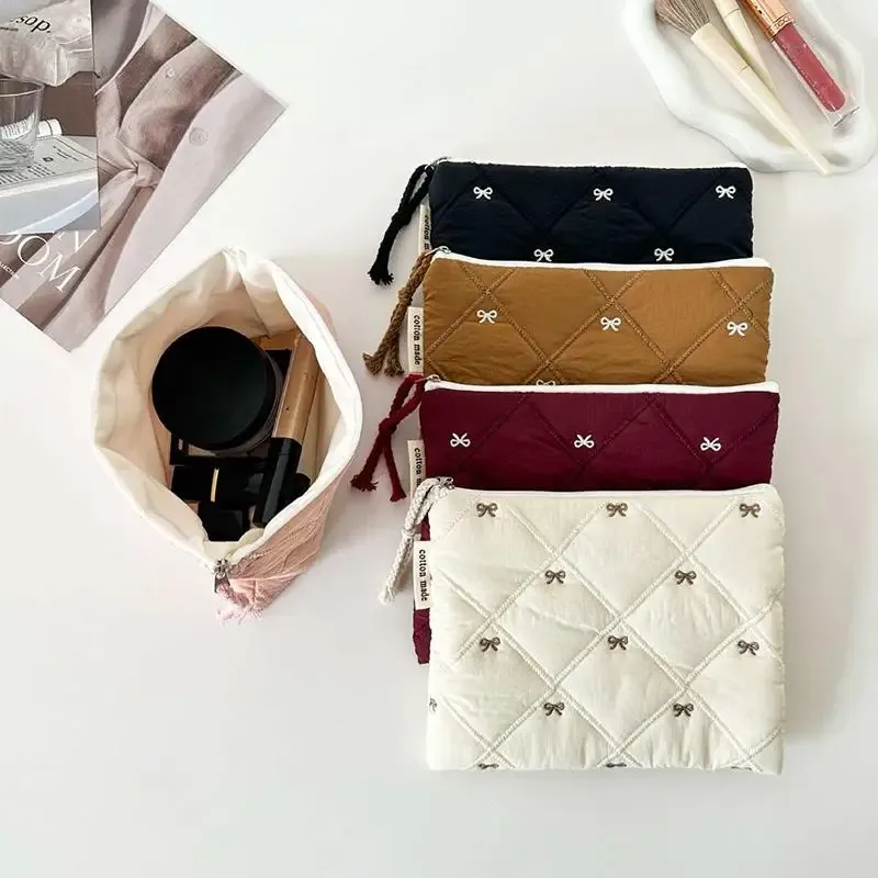 pochette à cosmétiques matelassée avec nœud brodé, grande capacité, sac à papeterie multifonctionnel, trousse à stylos
